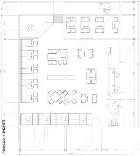 2D Drawing Restaurant Interior Design with Furniture Layout Plan and Space Planning Details