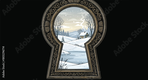 Winter Wonderland Through a Keyhole: A picturesque winter scene unfolds, as a cozy cottage nestles in a snow-covered landscape, observed through the ornate frame of a keyhole.