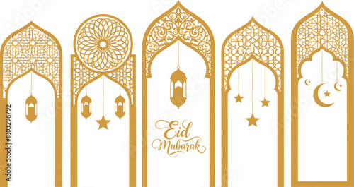 Beautiful Golden Eid Mubarak Arches with Islamic Lanterns and Crescent Moon Decorations