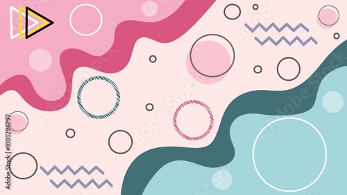 Pink and teal abstract shapes with bubbles, retro pattern background, mephis style