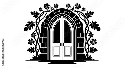 Enchanted stone archway entrance with climbing floral accents design