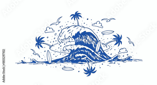 Detailed vector illustration of a massive, crashing ocean wave with palm trees, flying surfboards, seagulls, and tropical elements swirling around it, rendered in a vintage, hand-drawn blue line art s