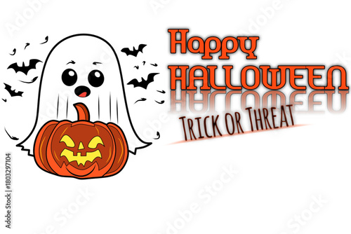 A cheerful, graphic illustration for a "Happy Halloween" and "Trick or Treat" theme. The image features a cute, wide-eyed ghost character sitting atop a grinning jack-o'-lantern pumpkin