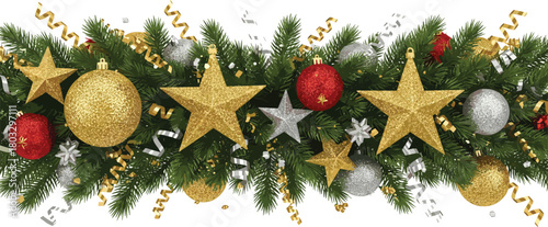 Festive Christmas garland adorned with golden and silver stars, baubles, and evergreen branches, creating a joyful holiday ambiance
