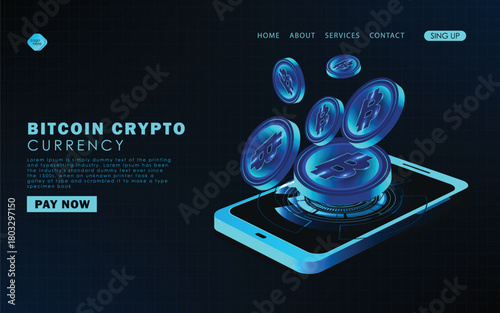 Bitcoin and other cryptocurrency on 3D mobile phone. E-wallet with bitcoins for stock market trading, payment