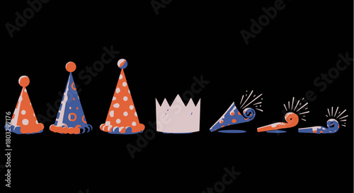 Vector illustration set of festive party supplies, including three dotted conical party hats, a simple white paper crown, and three noise makers or party blowers, all on a striking black background.