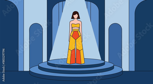 Fashionable woman presents elegant attire on stage with spotlight glow