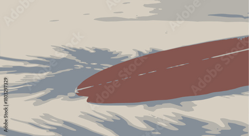 Close-up, low-angle vector illustration of a reddish-brown surfboard floating in calm, shallow water, rendered in a muted, slightly abstract style with subtle surface reflections and shadows on the sa