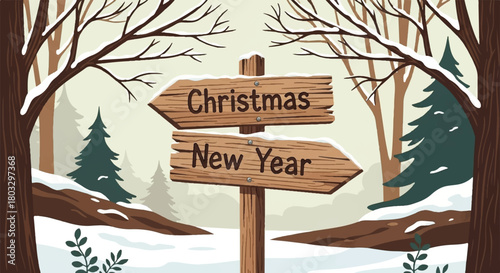 Christmas and New Year Signpost in Snowy Landscape: Signpost points the way to festive celebrations amid a tranquil winter landscape. A charming scene encapsulates the spirit of the holiday season.