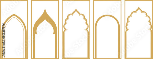 Collection of Golden Islamic Arches, Facades, and Architectural Elements with Decorative Motifs and Geometric Patterns