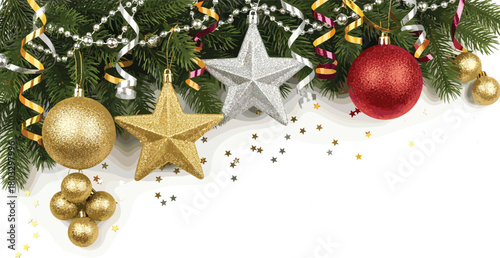 Festive Christmas Decoration with Baubles, Stars, and Garland