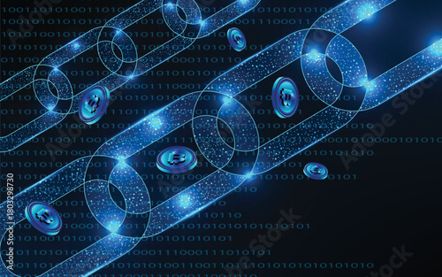 Block chain. Crypto currency. Blockchain concept. 3D wireframe chain with digital code