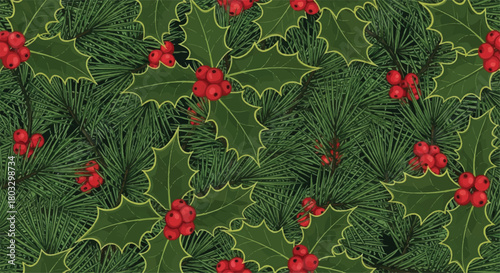 Festive Foliage: Capturing the festive spirit with a detailed, eye-level shot of fresh holly leaves and their vibrant red berries amidst evergreen needles.