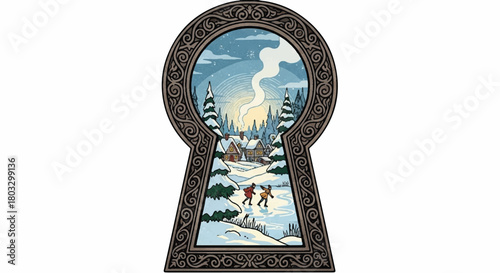 A Glimpse Through Winter's Keyhole: A picturesque winter scene is framed within a keyhole. The scene shows cozy dwellings, snowy landscapes, and skiers, with a whimsical touch.