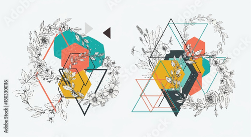 Geometric Floral Arrangement: An artistic composition of geometric shapes intertwines with delicate floral elements, creating a visually captivating arrangement.