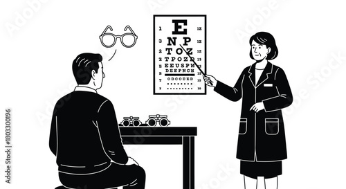 Optometrist examines patient's vision with eye chart and lenses