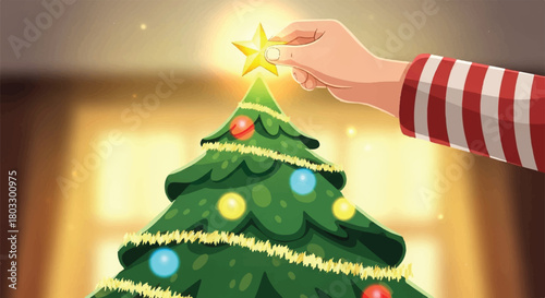 Decorating the Festive Fir: A hand carefully places a star atop a beautifully adorned Christmas tree, evoking the warmth and cheer of the holiday season.