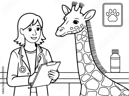 Coloring page of giraffe at vet visit for kids animal doctor outline printable art activity for children