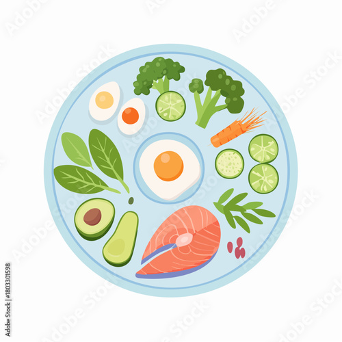 Top view of a plate with a balanced ketogenic diet meal including salmon, egg, avocado, and fresh vegetables