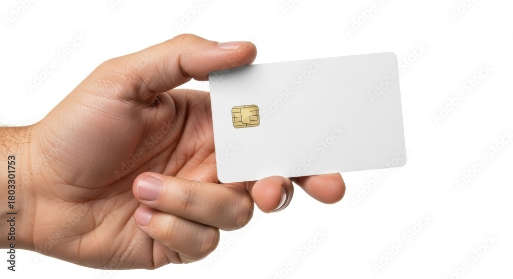 Obraz premium Hand Holding Blank Credit Card with Chip, White, Payment, Finance