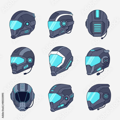 A collection of nine futuristic sci-fi helmets with glowing cyan visors and high-tech details.