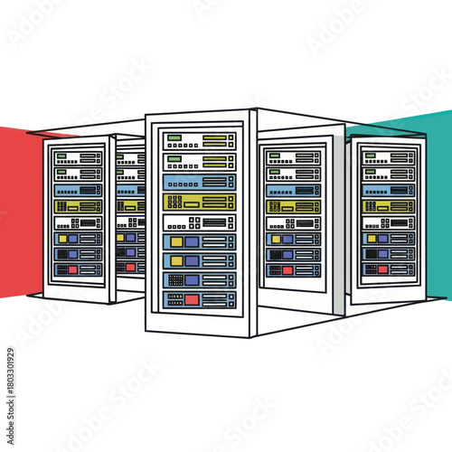 A colorful line art illustration of multiple server racks in a modern data center.