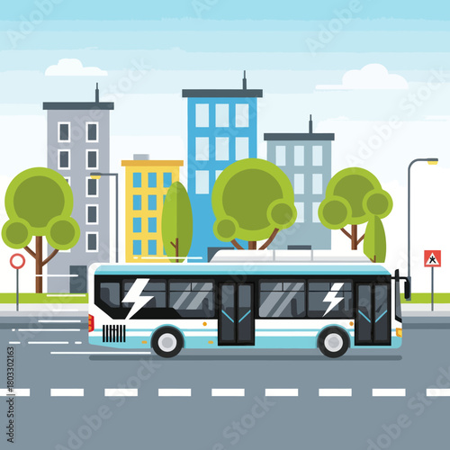 A modern, light blue electric city bus with a lightning bolt symbol driving on an urban street. Eco-friendly public transportation concept.