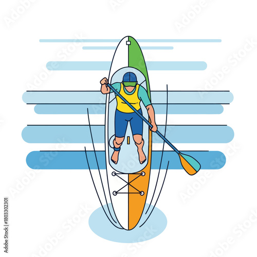 Aerial view illustration of a man stand-up paddleboarding on a colorful board.
