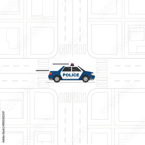 Blue and white police patrol car with a flashing siren, shown speeding in a flat vector illustration.