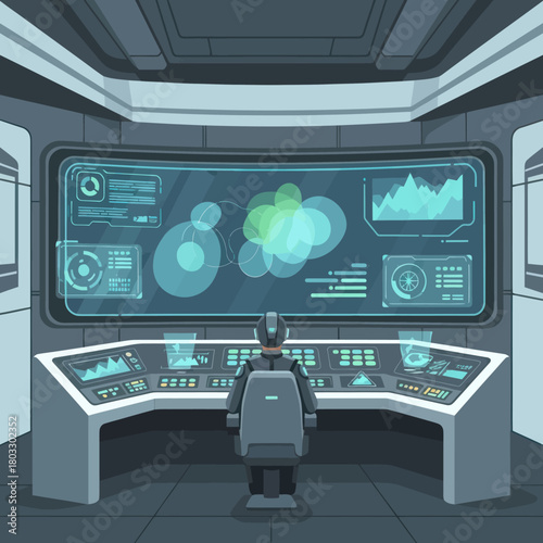 Back view of a futuristic character operating a complex control room console.