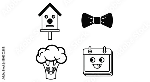 Whimsical icons: birdhouse, bow tie, broccoli, calendar