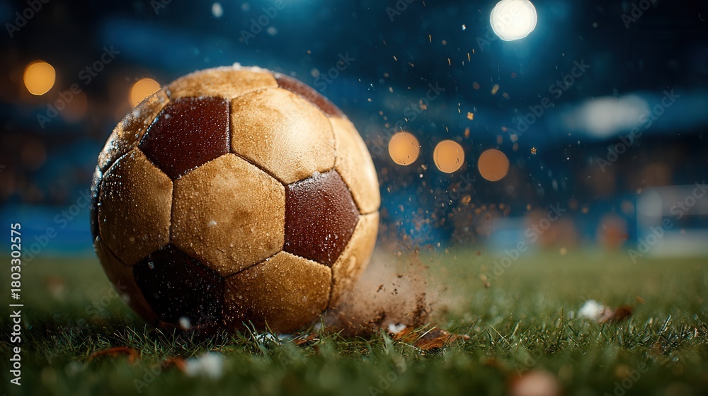 Naklejka premium Dynamic soccer ball kicks up dirt on lush green field under dramatic stadium lights, capturing intense game action and athletic spirit