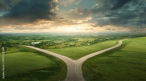 divergence. A symbolic fork in the road with two diverging paths under a dramatic sky, representing choices. wellbeing guides, coaching materials, designed for coaching and self-improvement content.