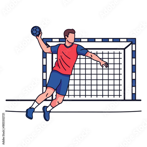 Dynamic illustration of a male handball player in mid-air, throwing the ball towards the goal.