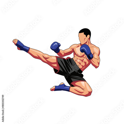 Dynamic vector illustration of a faceless martial artist performing a powerful flying kick.