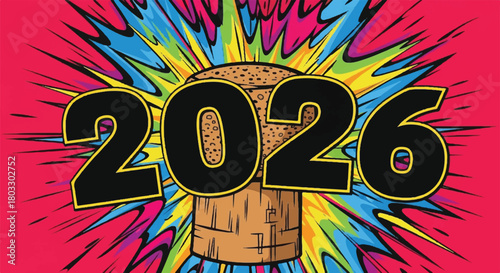 New Year's Eve Revelation: A vibrant explosion of colors erupts behind the year 2026, marking a celebratory toast to new beginnings and festive occasions.