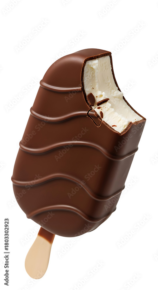 Obraz premium Chocolate Covered Ice Cream Bar with a Bite Taken Out frozen