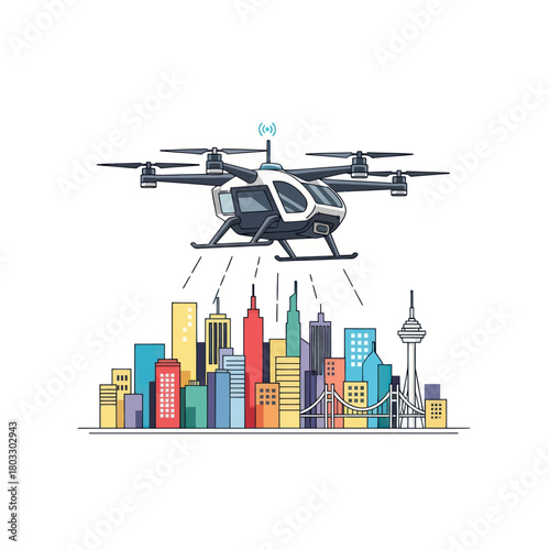 Futuristic passenger drone helicopter flying over a colorful, stylized city skyline illustration.