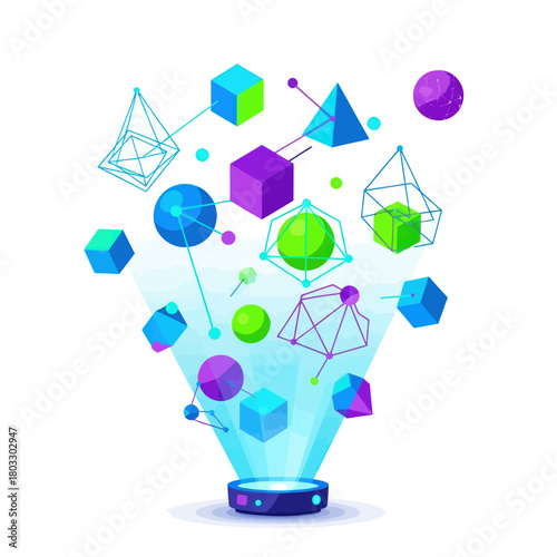 Futuristic holographic projection of colorful 3D geometric shapes and abstract network structures.