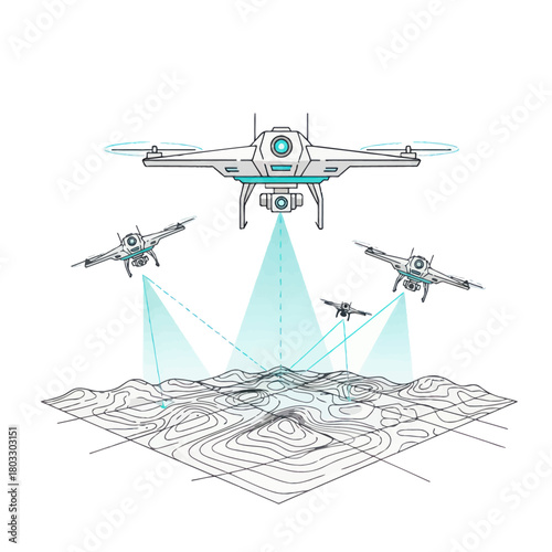 Modern quadcopter drones using sensors for aerial surveying and terrain mapping.