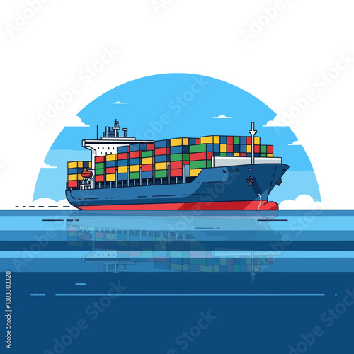 Vector illustration of a large cargo ship loaded with colorful shipping containers sailing on the sea.