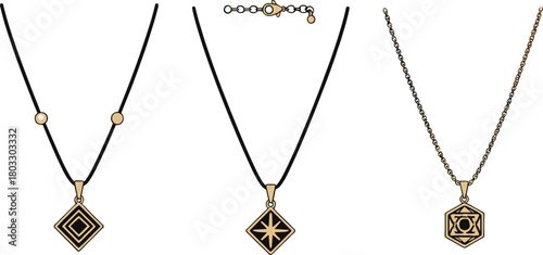 Three stylized gold pendants on black cords and chains with geometric designs necklace