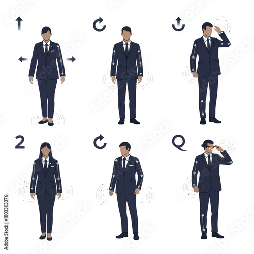 Vector illustration set of business people in smart suits demonstrating technological functions with motion arrows and symbols.
