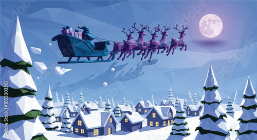 Soaring through the Night: A magical scene unfolds as a sleigh pulled by reindeer glides gracefully above a snow-covered town under the watchful gaze of the moon.