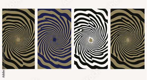 Set of four monochromatic psychedelic swirl posters, featuring wavy, distorted spiral patterns in black, white, gold, and dark blue, creating a hypnotic optical illusion retro 60s vector art collectio