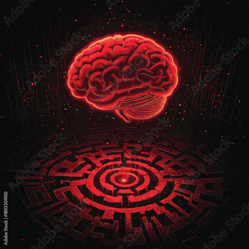 A glowing red human brain floating above the center of an ancient stone labyrinth under dark atmospheric lighting symbolizing complexity and thought processes