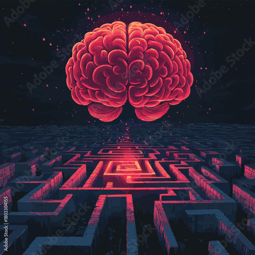 A glowing red human brain floating above the center of an ancient stone labyrinth under dark atmospheric lighting symbolizing complexity and thought processes