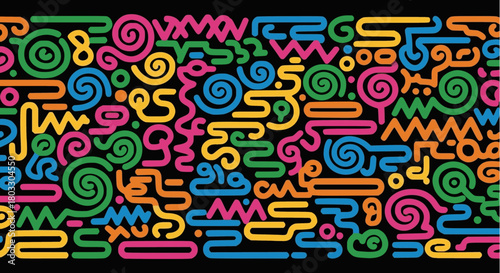 Vibrant abstract continuous line pattern with colorful geometric and organic doodle shapes like spirals, zigzags, and curves on a black background, fun energetic and seamless vector design.