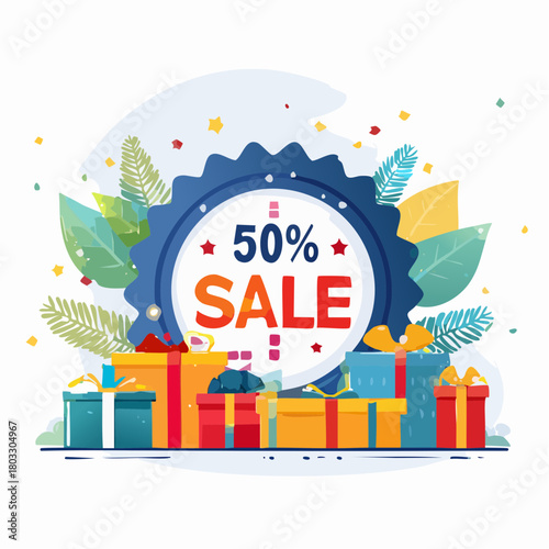 Colorful illustration of wrapped gifts with a large blue sale badge on a white background with leaves and confetti.