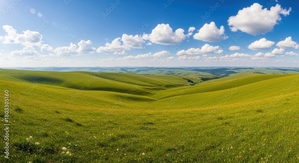 Obraz premium Vast Green Rolling Hills Under a Blue Sky with White Clouds, Landscape, Grass, Meadow